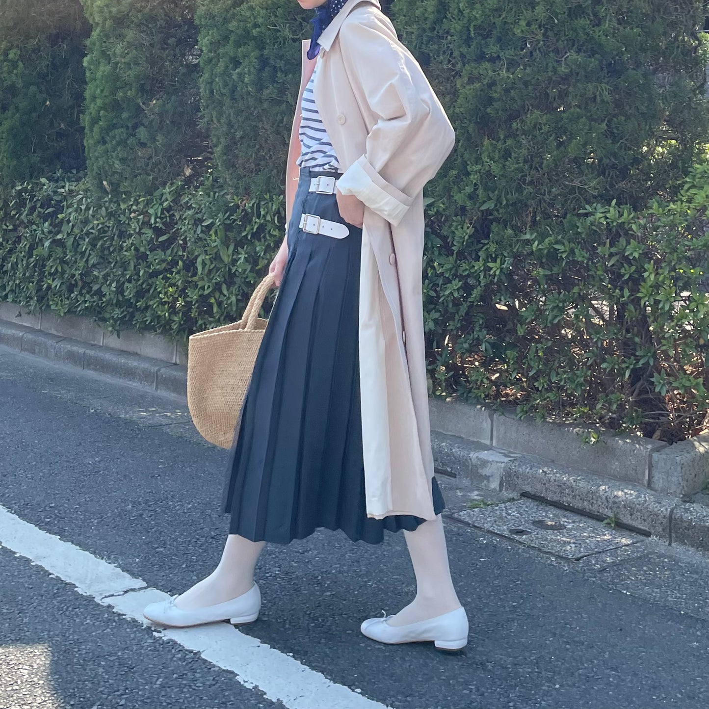 O'neil of Dublin リネンキルトスカート ネイビー ワイドダブルベルト