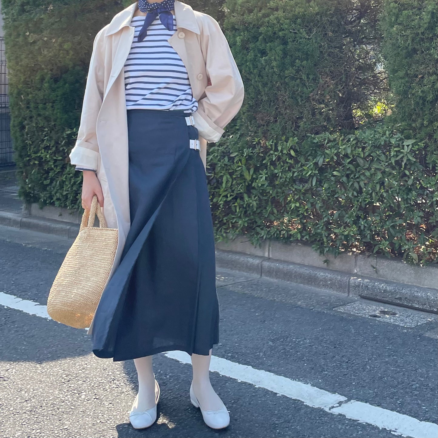 O'neil of Dublin リネンキルトスカート ネイビー ワイドダブルベルト