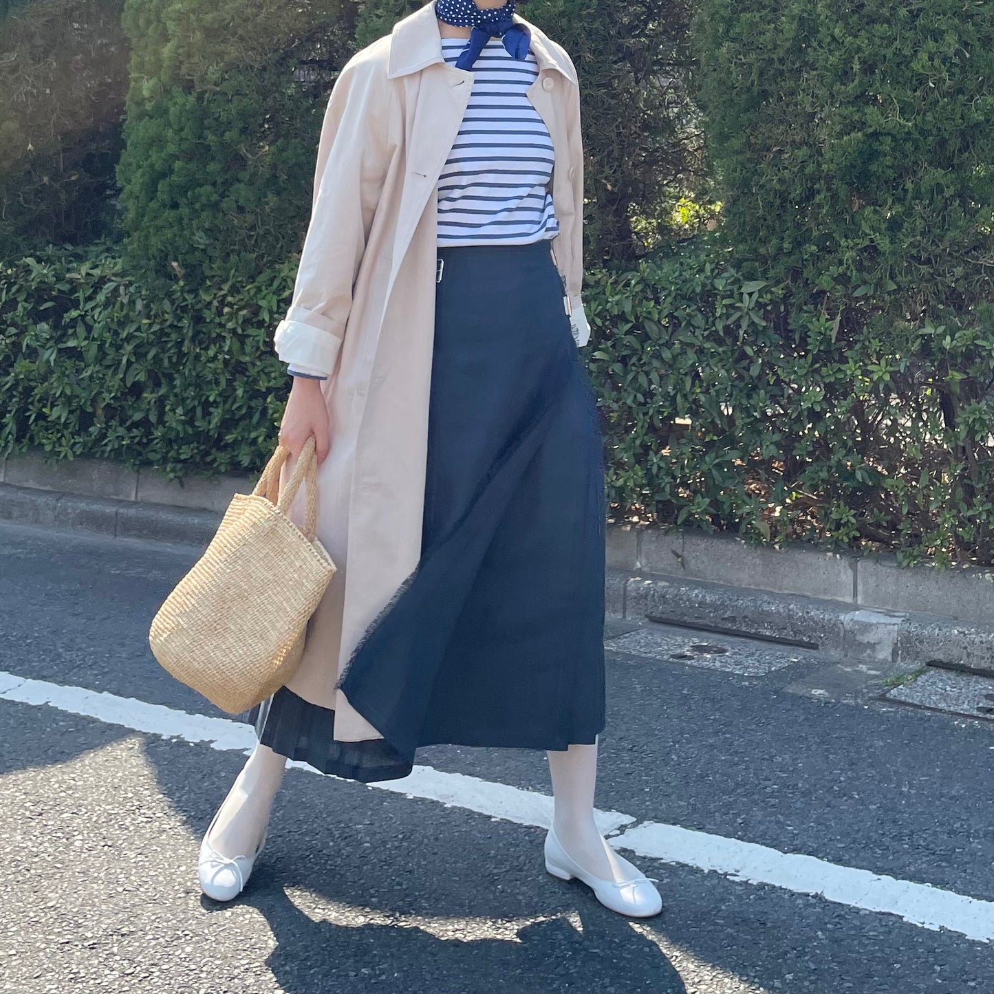 O'neil of Dublin リネンキルトスカート ネイビー ワイドダブルベルト
