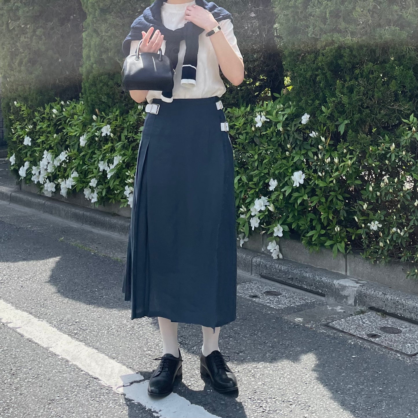 O'neil of Dublin リネンキルトスカート ネイビー ワイドダブルベルト
