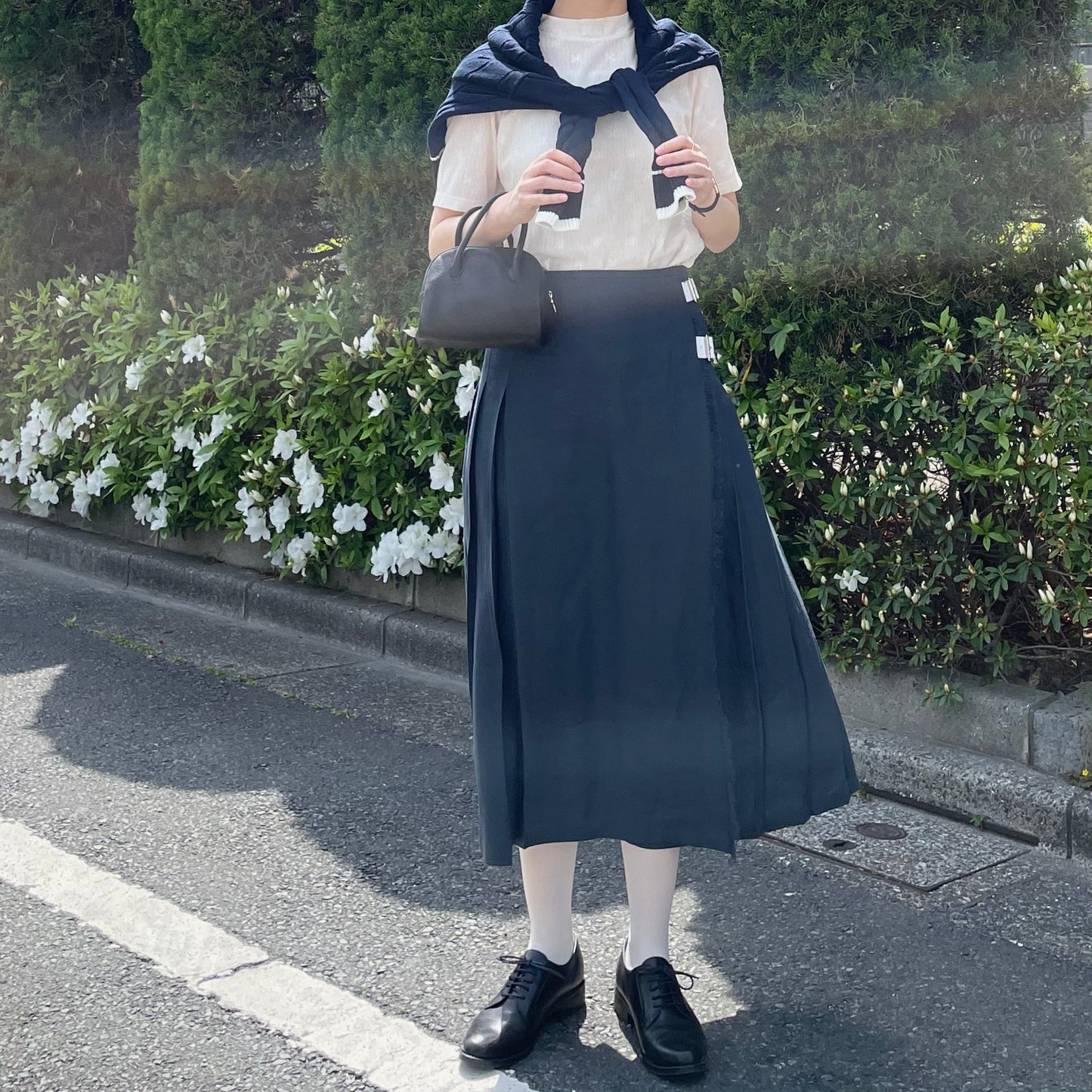 O'neil of Dublin リネンキルトスカート ネイビー ワイドダブルベルト