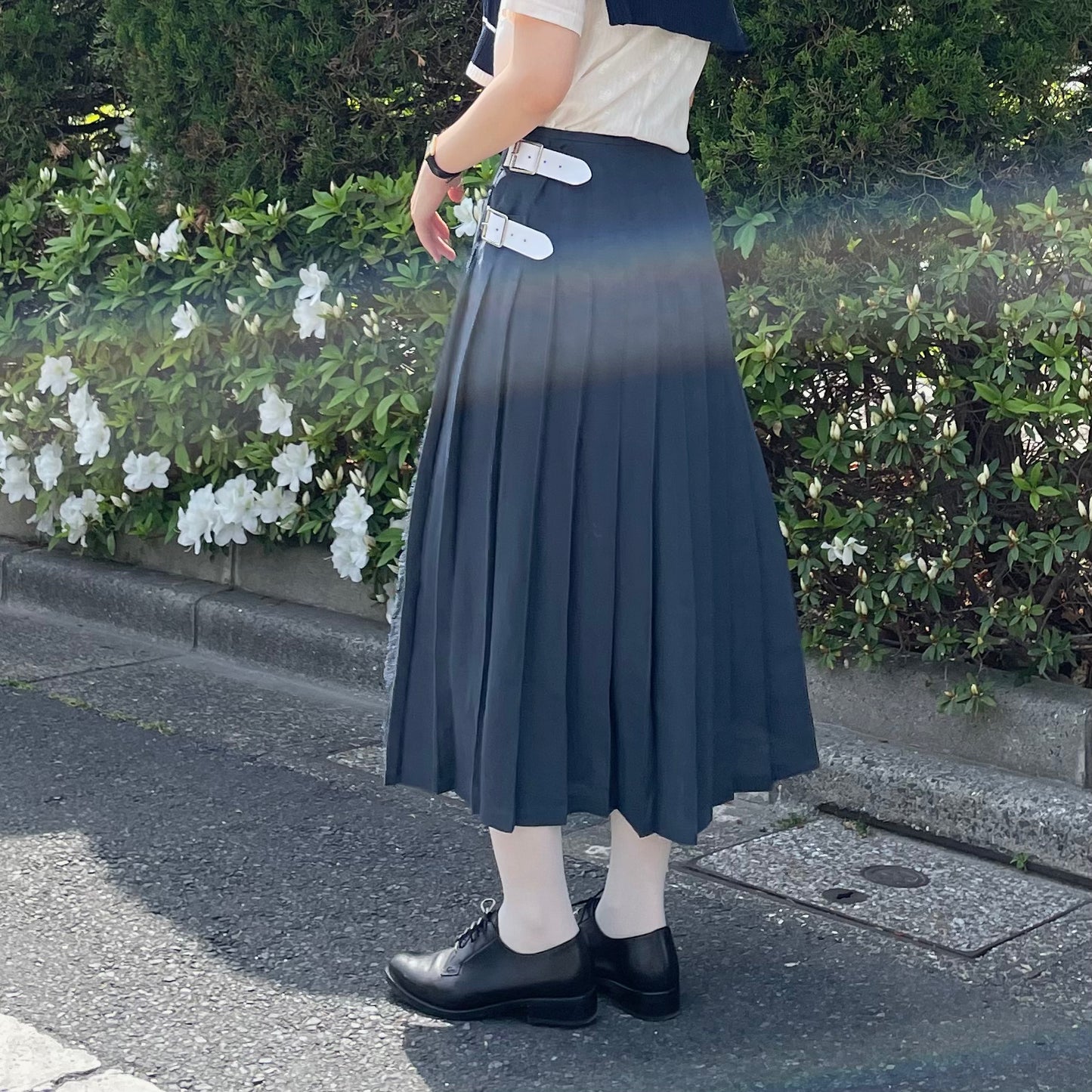 O'neil of Dublin リネンキルトスカート ネイビー ワイドダブルベルト