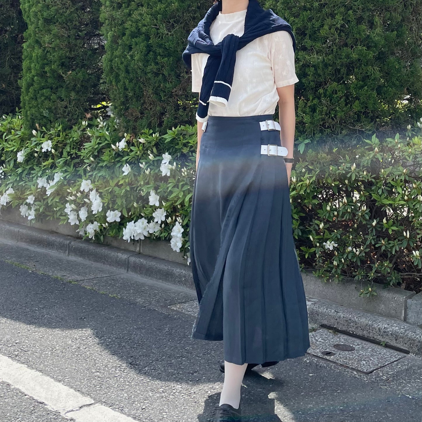O'neil of Dublin リネンキルトスカート ネイビー ワイドダブルベルト