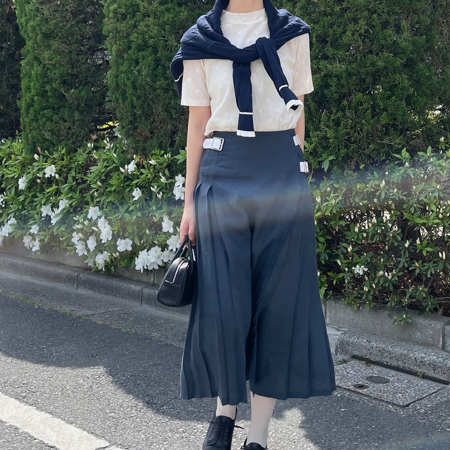 O'neil of Dublin リネンキルトスカート ネイビー ワイドダブルベルト