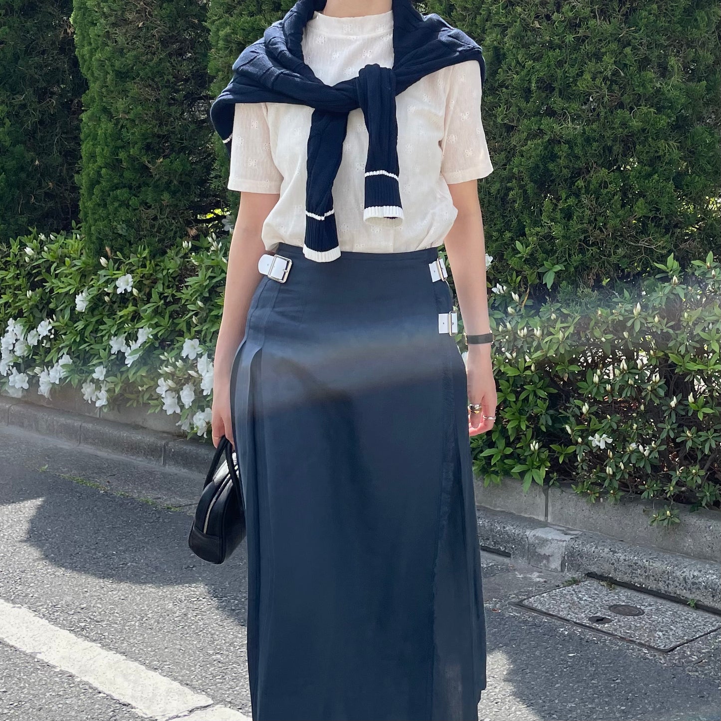O'neil of Dublin リネンキルトスカート ネイビー ワイドダブルベルト