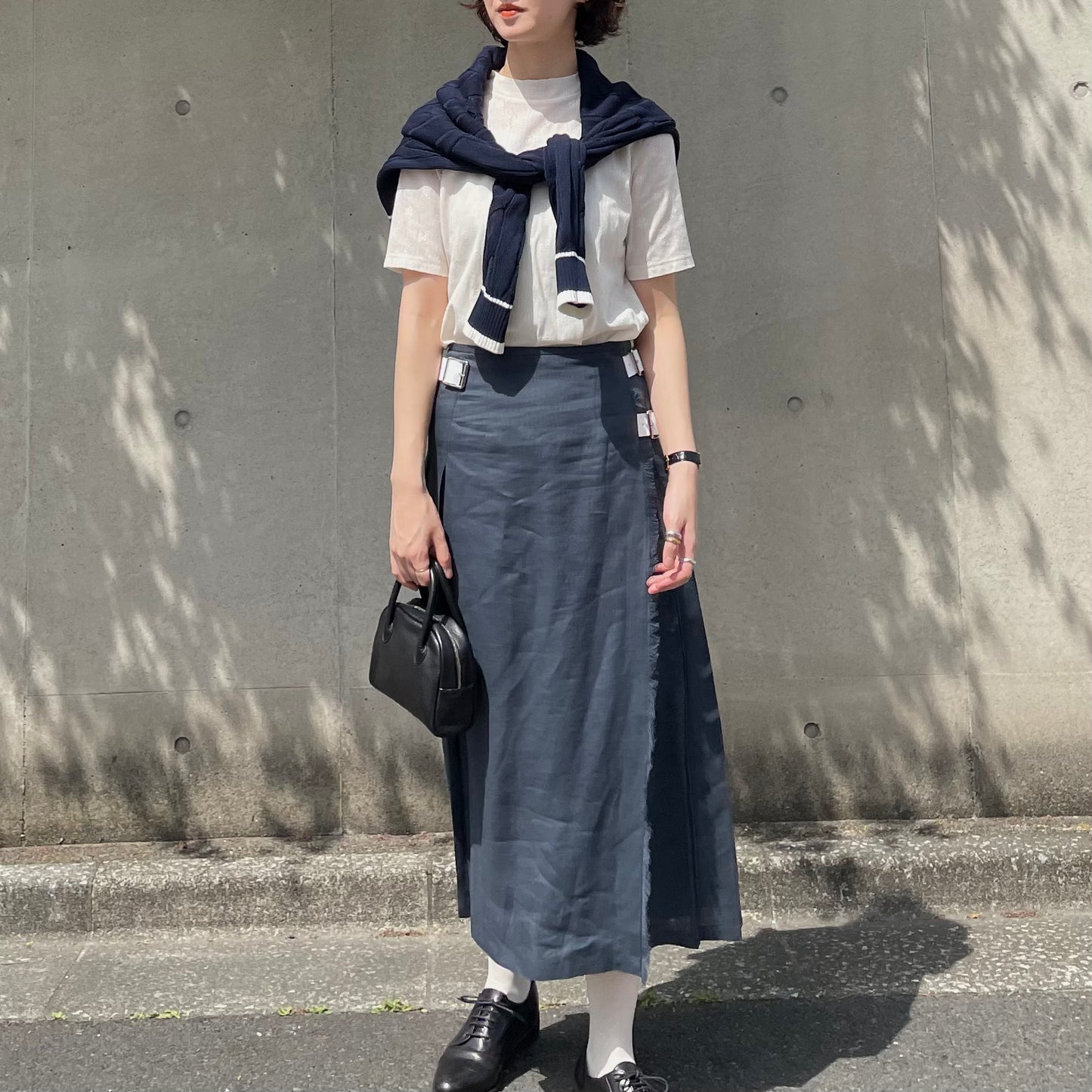 O'neil of Dublin リネンキルトスカート ネイビー ワイドダブルベルト