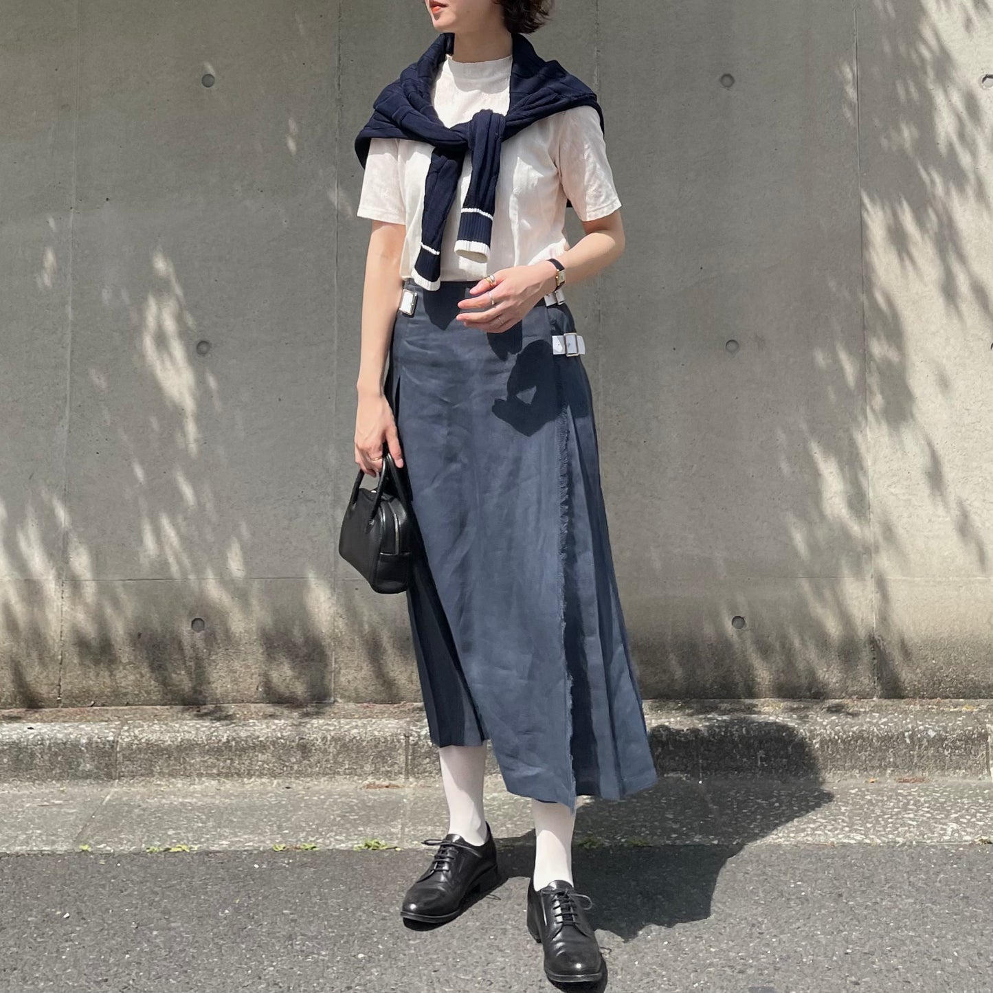 O'neil of Dublin リネンキルトスカート ネイビー ワイドダブルベルト