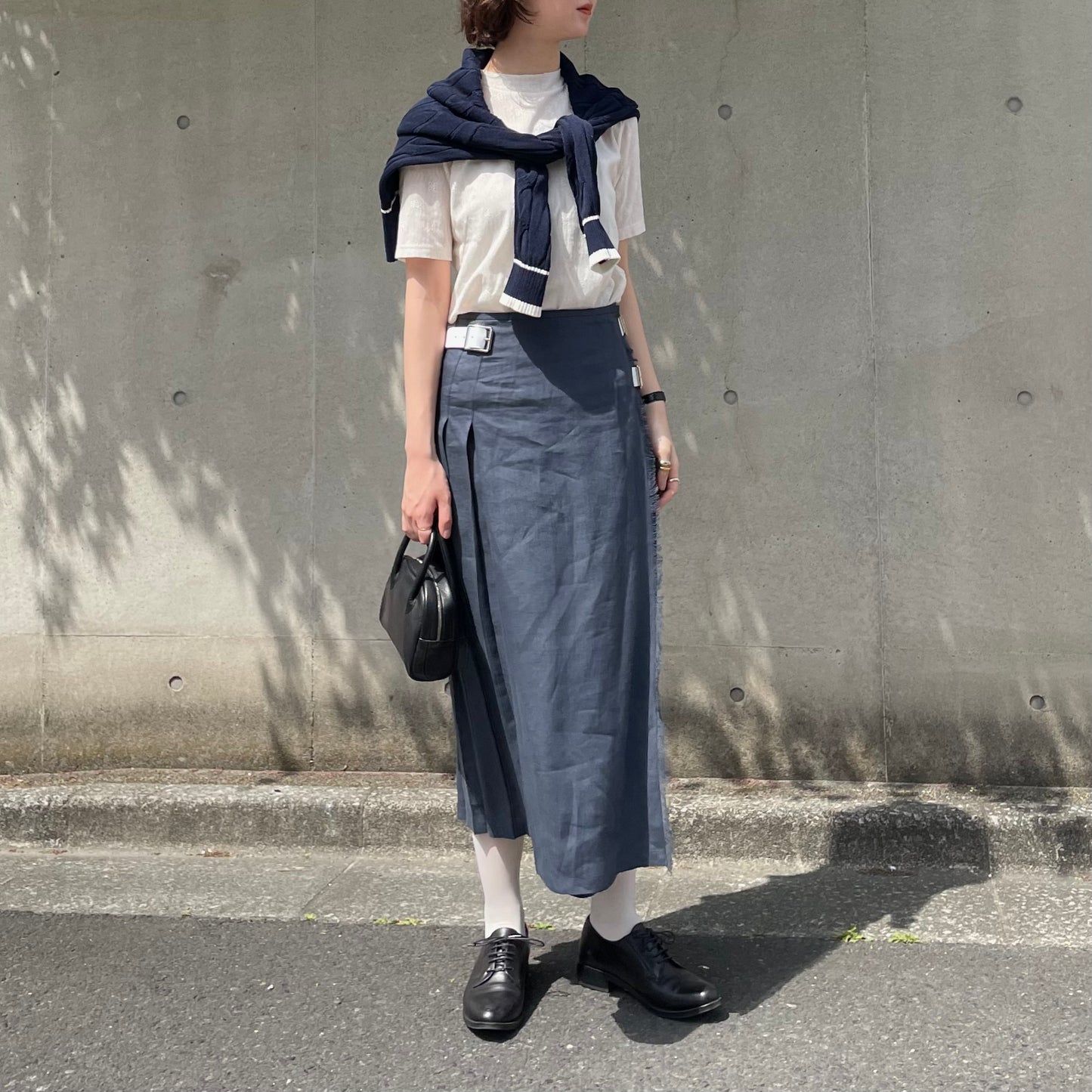 O'neil of Dublin リネンキルトスカート ネイビー ワイドダブルベルト