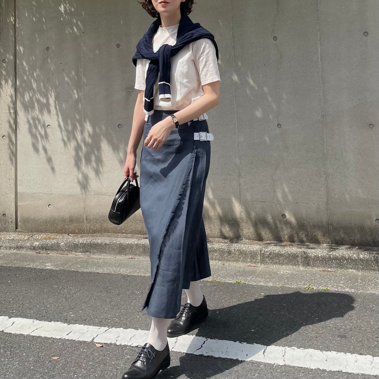 O'neil of Dublin リネンキルトスカート ネイビー ワイドダブルベルト