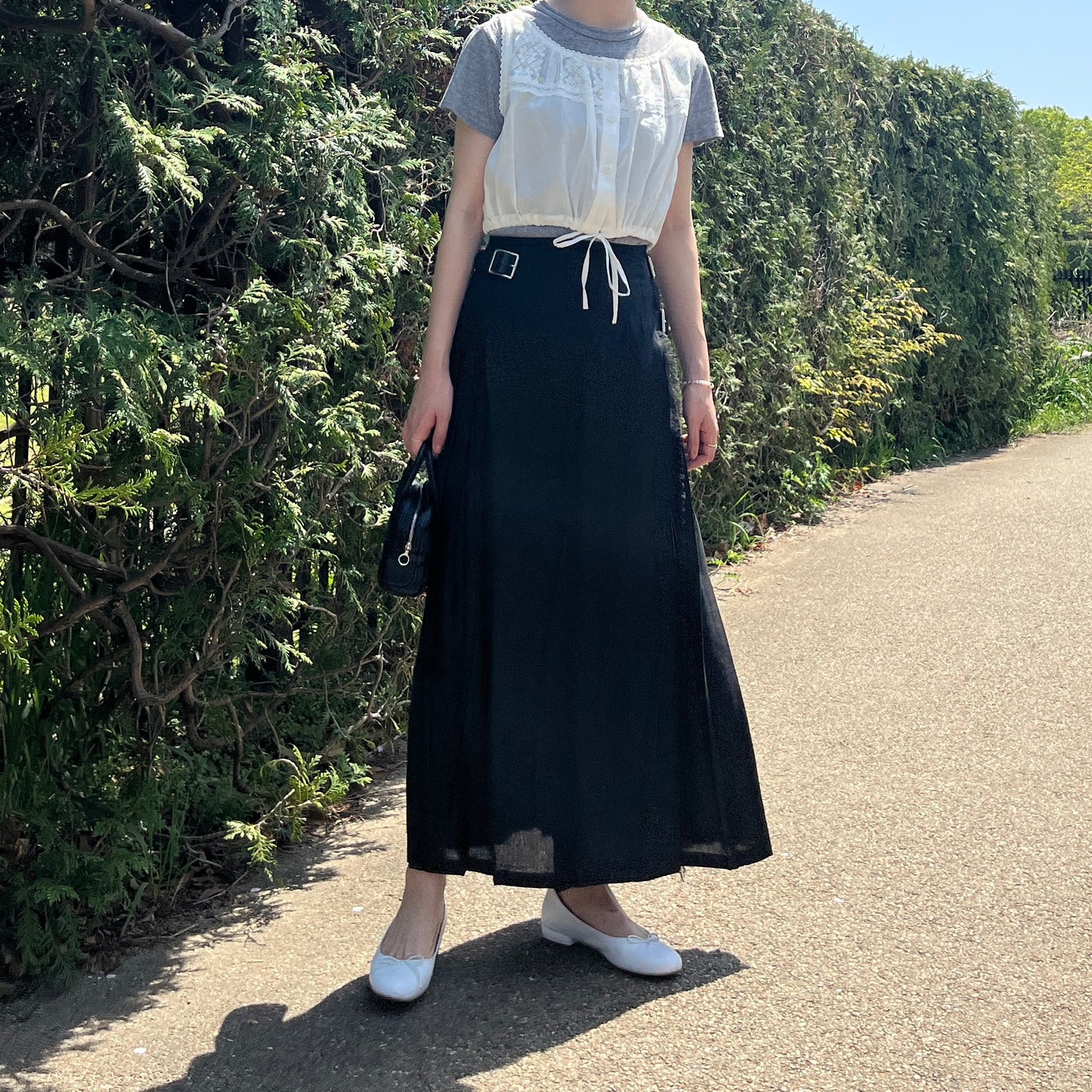 O'neil of Dublin リネンキルトスカート ブラック ワイドダブルベルト