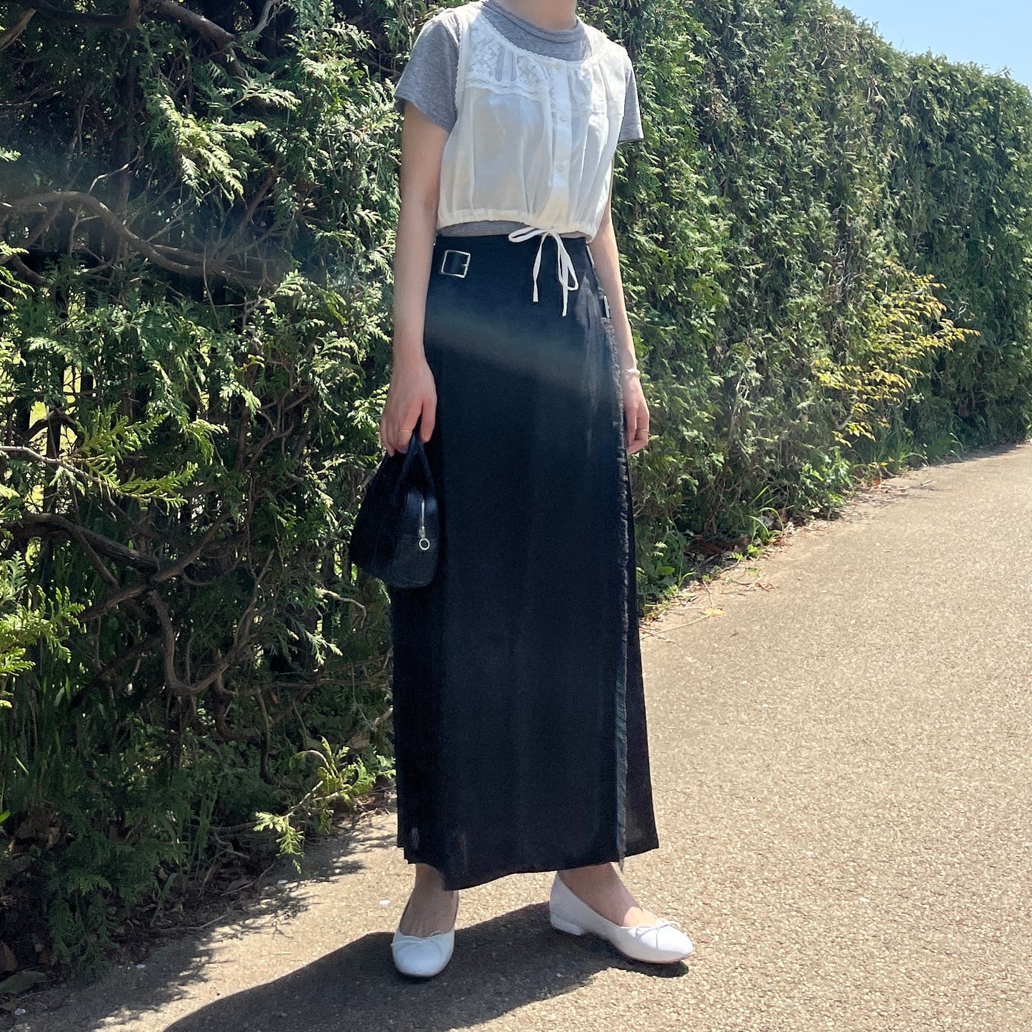O'neil of Dublin リネンキルトスカート ブラック ワイドダブルベルト