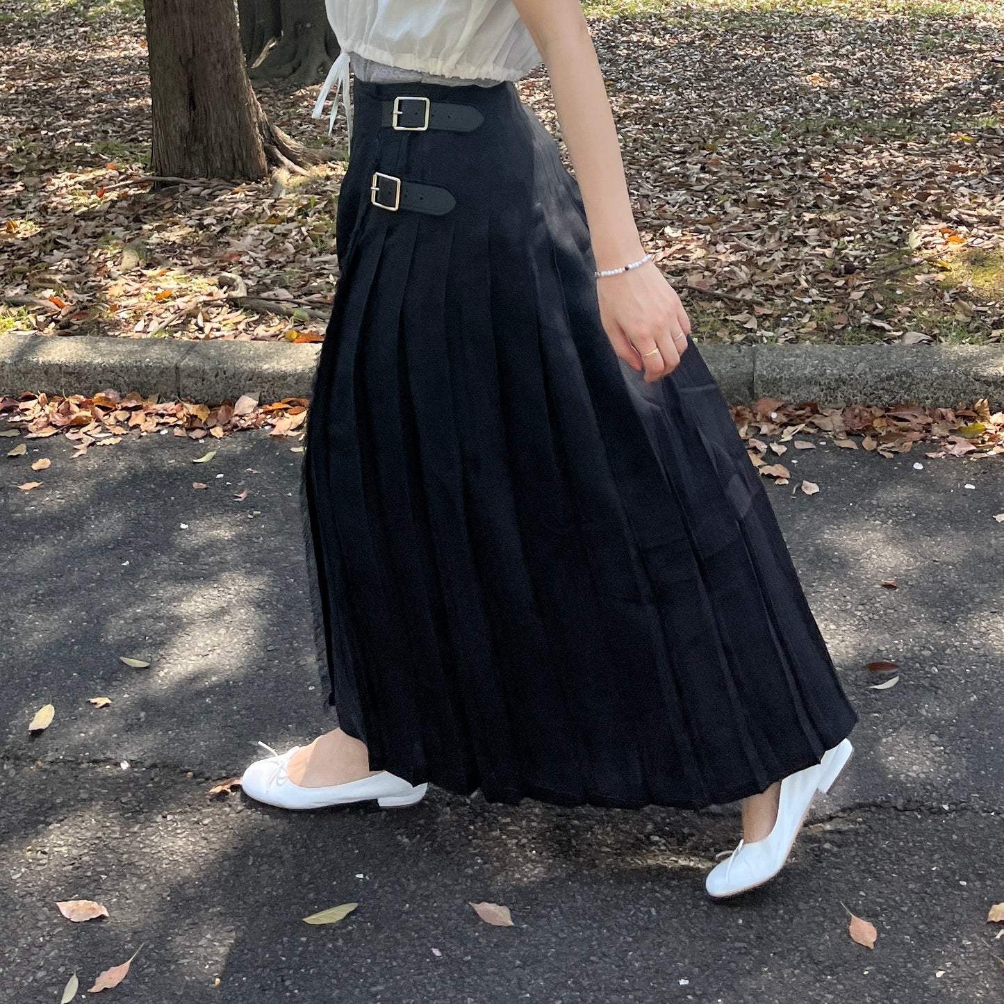 O'neil of Dublin リネンキルトスカート ブラック ワイドダブルベルト