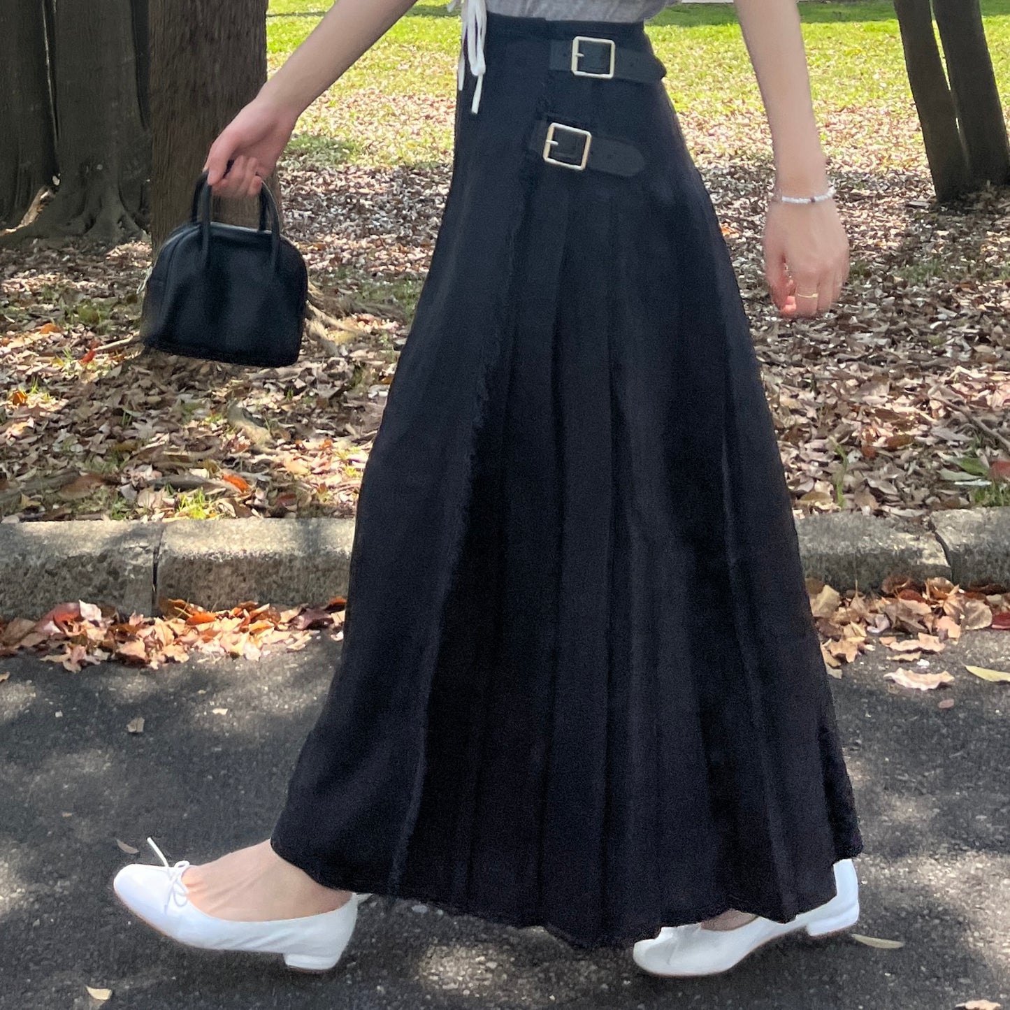O'neil of Dublin リネンキルトスカート ブラック ワイドダブルベルト