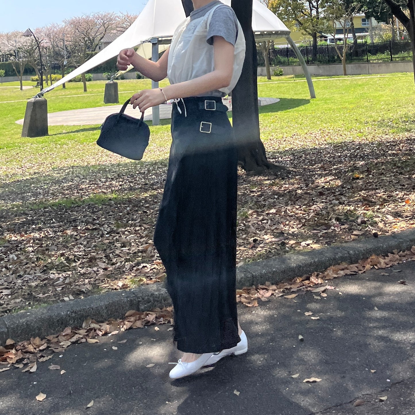 O'neil of Dublin リネンキルトスカート ブラック ワイドダブルベルト