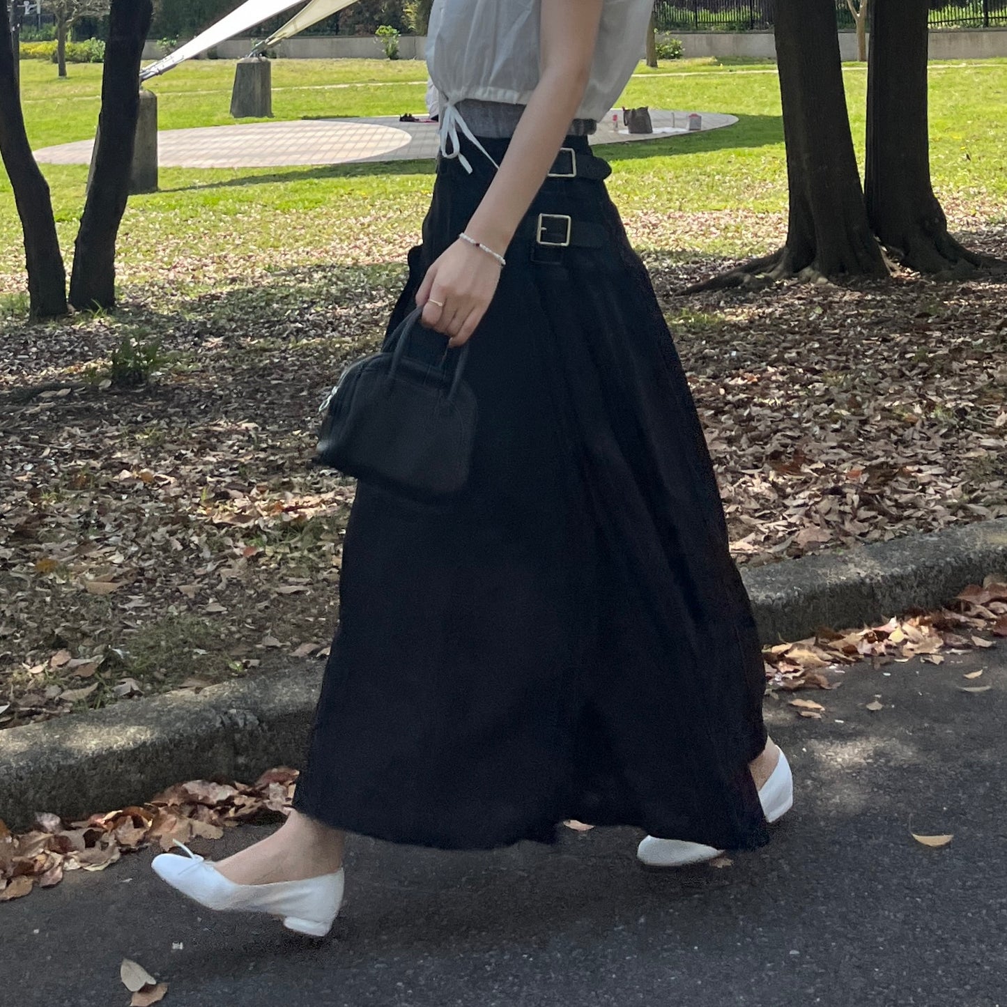 O'neil of Dublin リネンキルトスカート ブラック ワイドダブルベルト