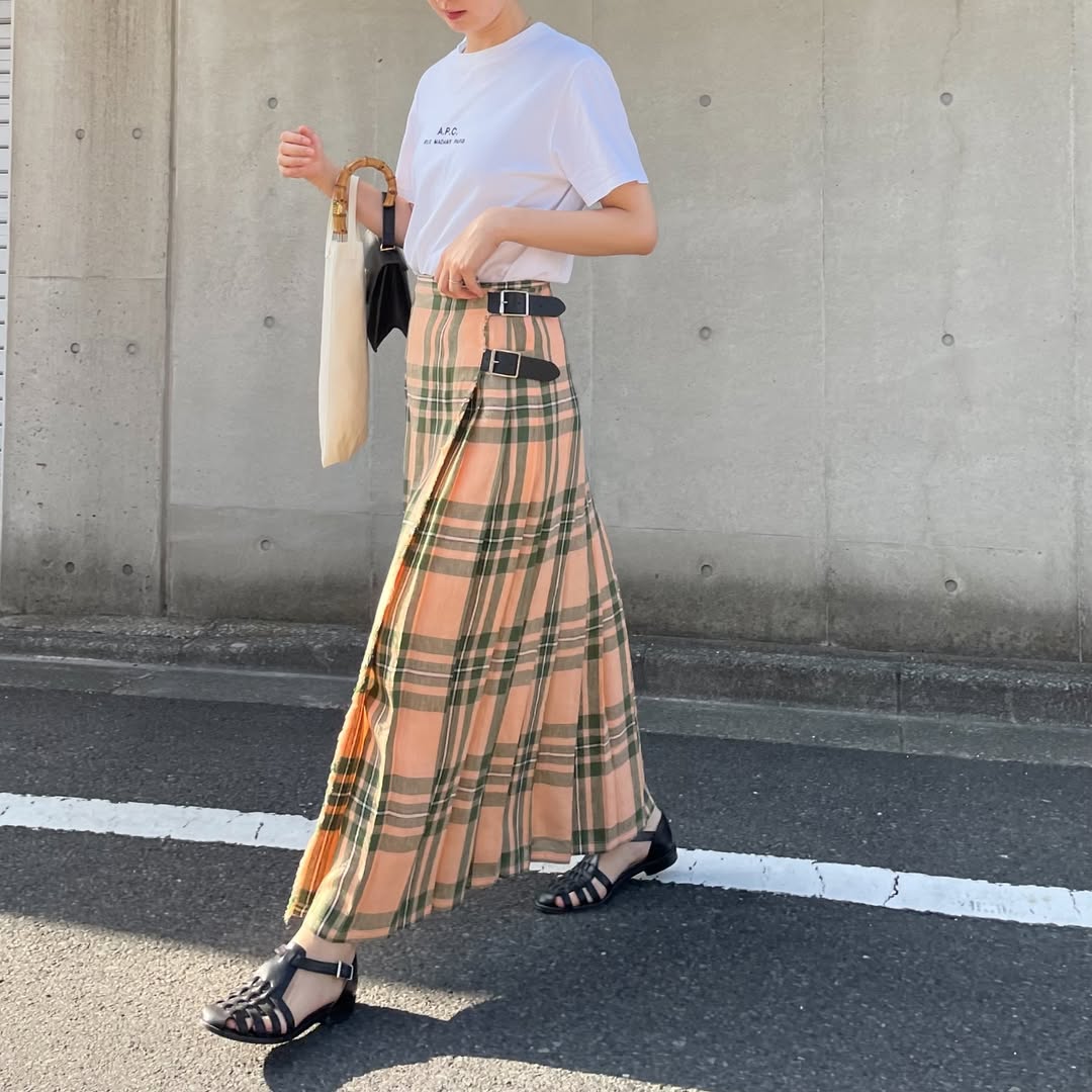 O'neil of Dublin リネンキルトスカート マウンターク ワイドダブルベルト