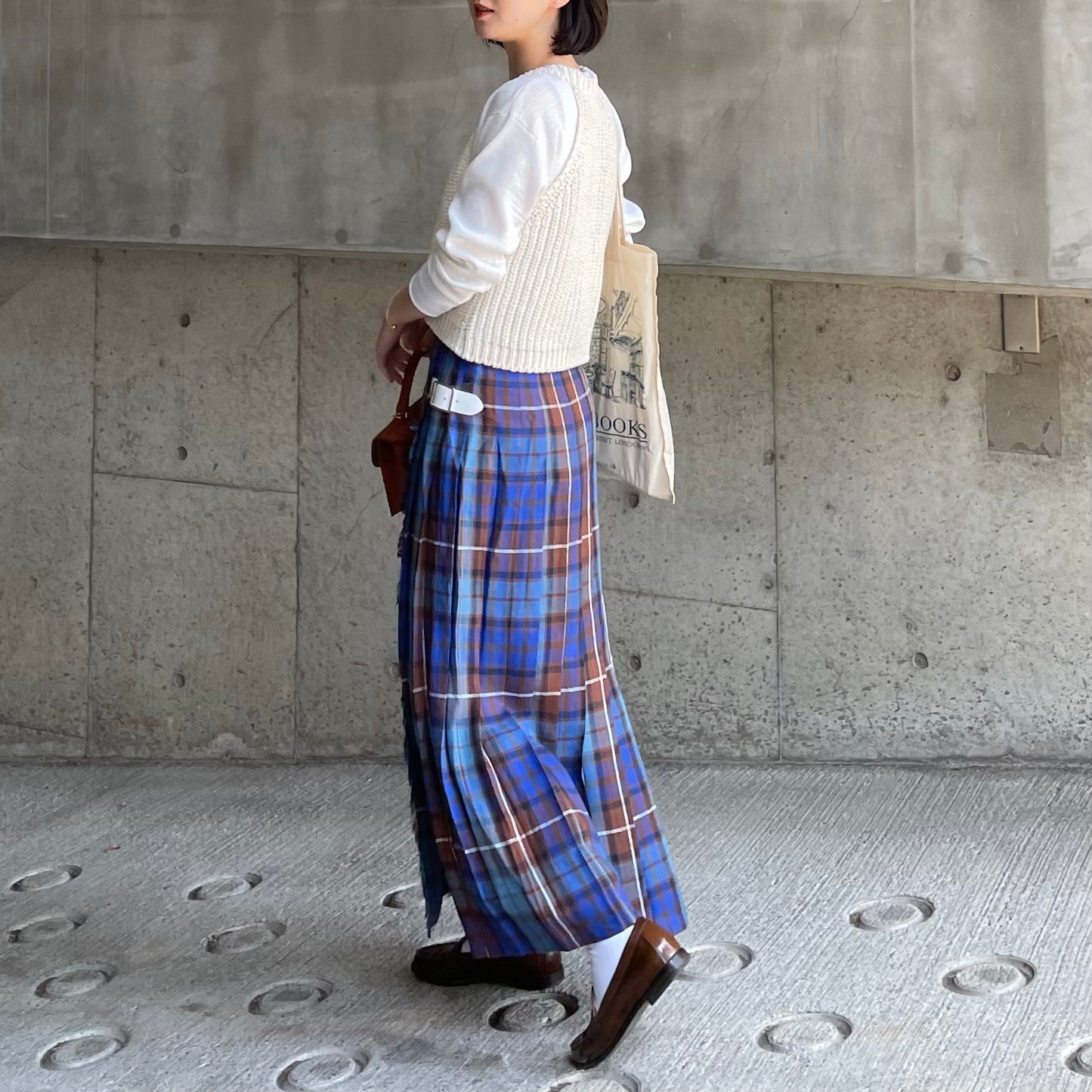O'neil of Dublin リネンキルトスカートブルーブキャナン ワイドダブルベルト