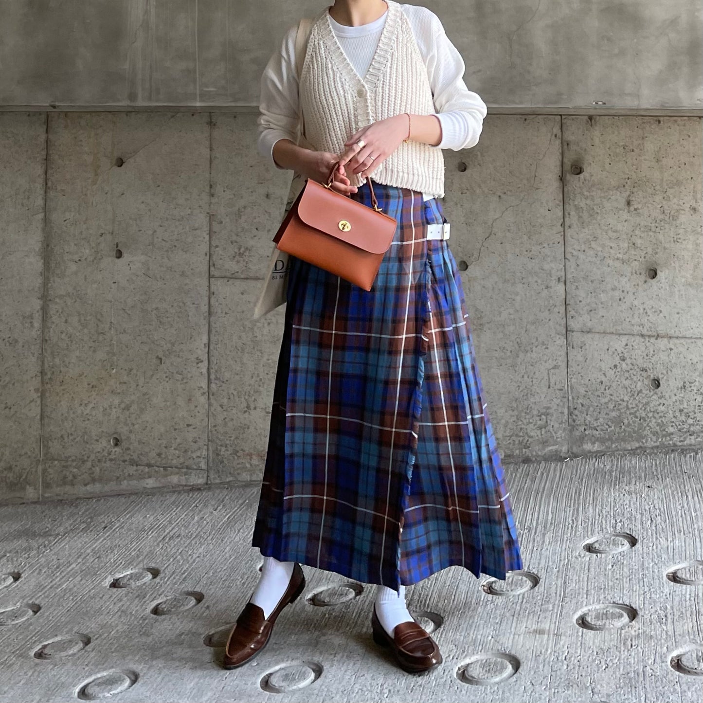 O'neil of Dublin リネンキルトスカートブルーブキャナン ワイドダブルベルト
