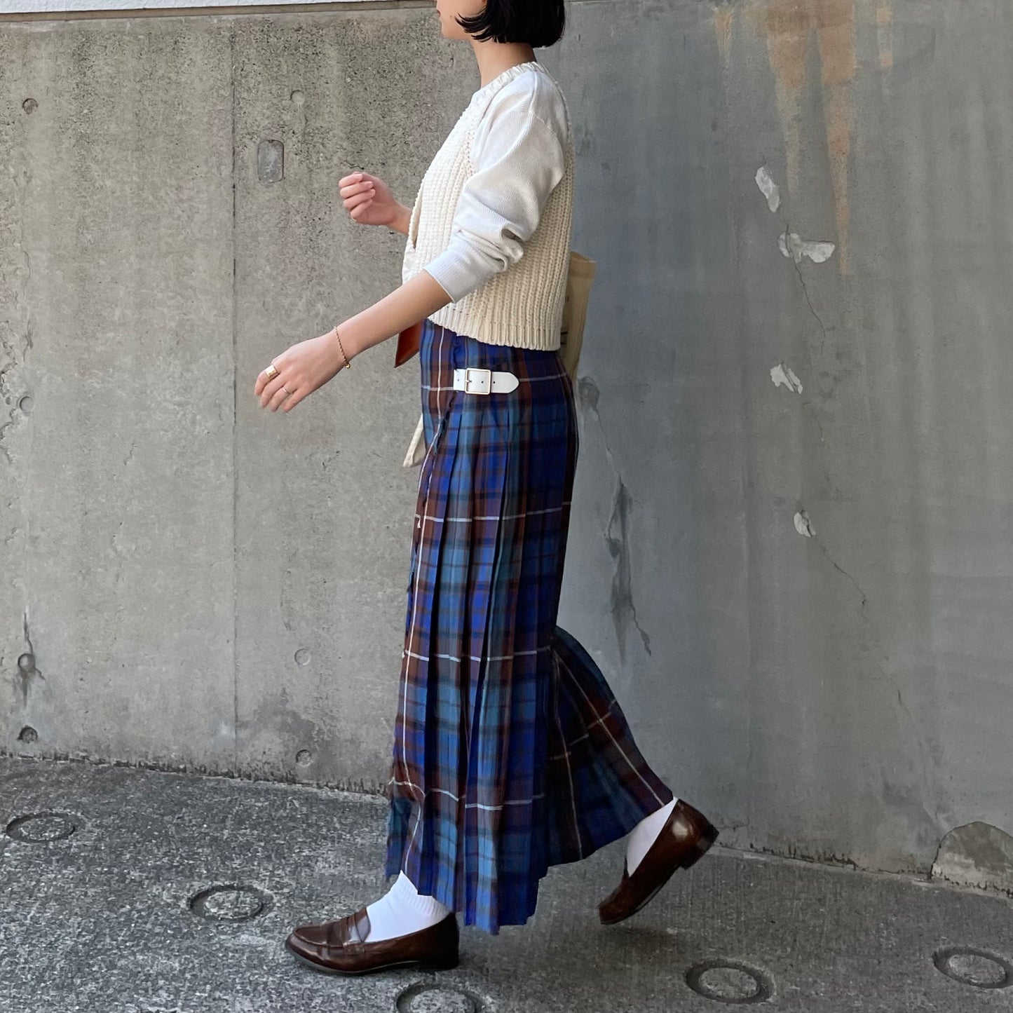 O'neil of Dublin リネンキルトスカートブルーブキャナン ワイドダブルベルト