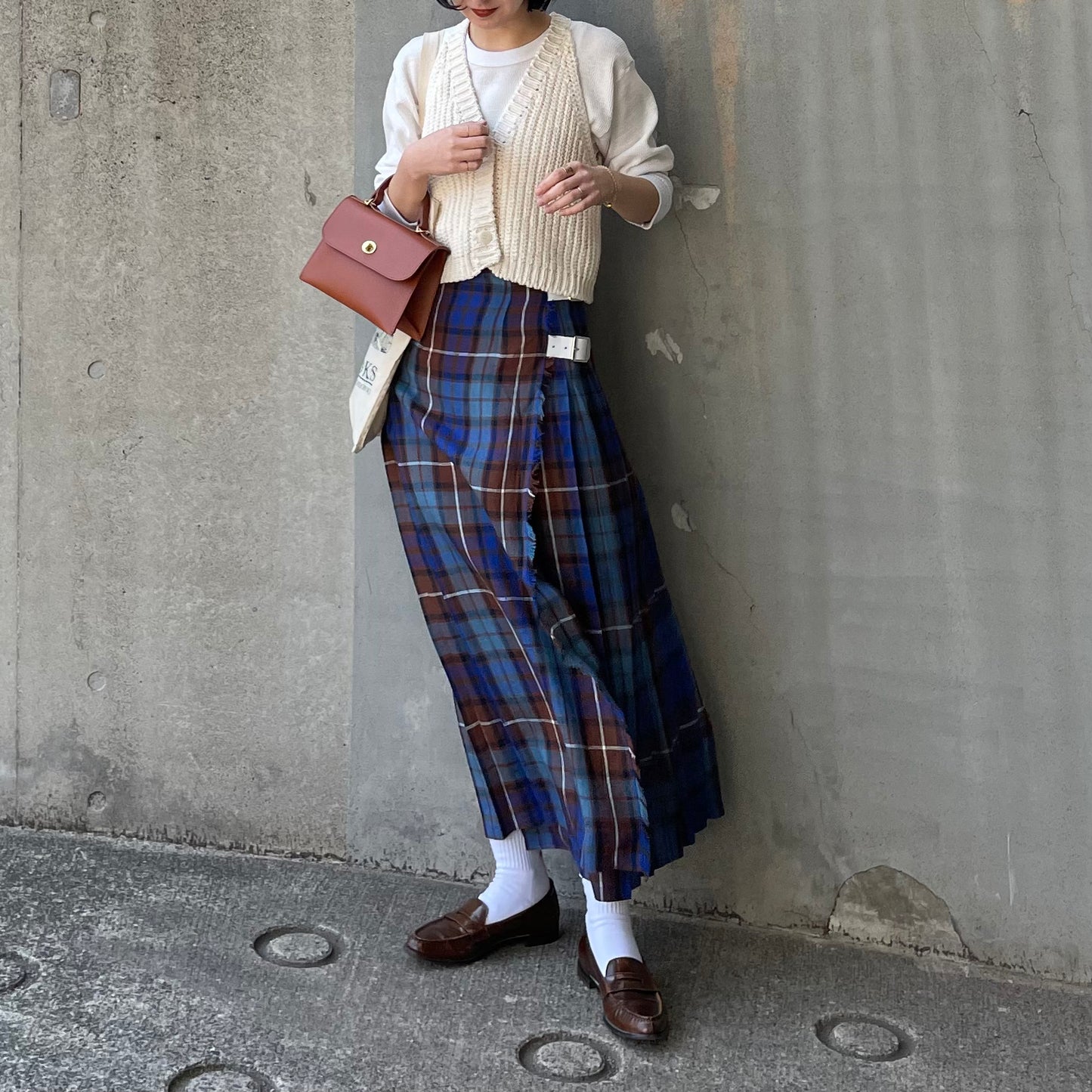 O'neil of Dublin リネンキルトスカートブルーブキャナン ワイドダブルベルト