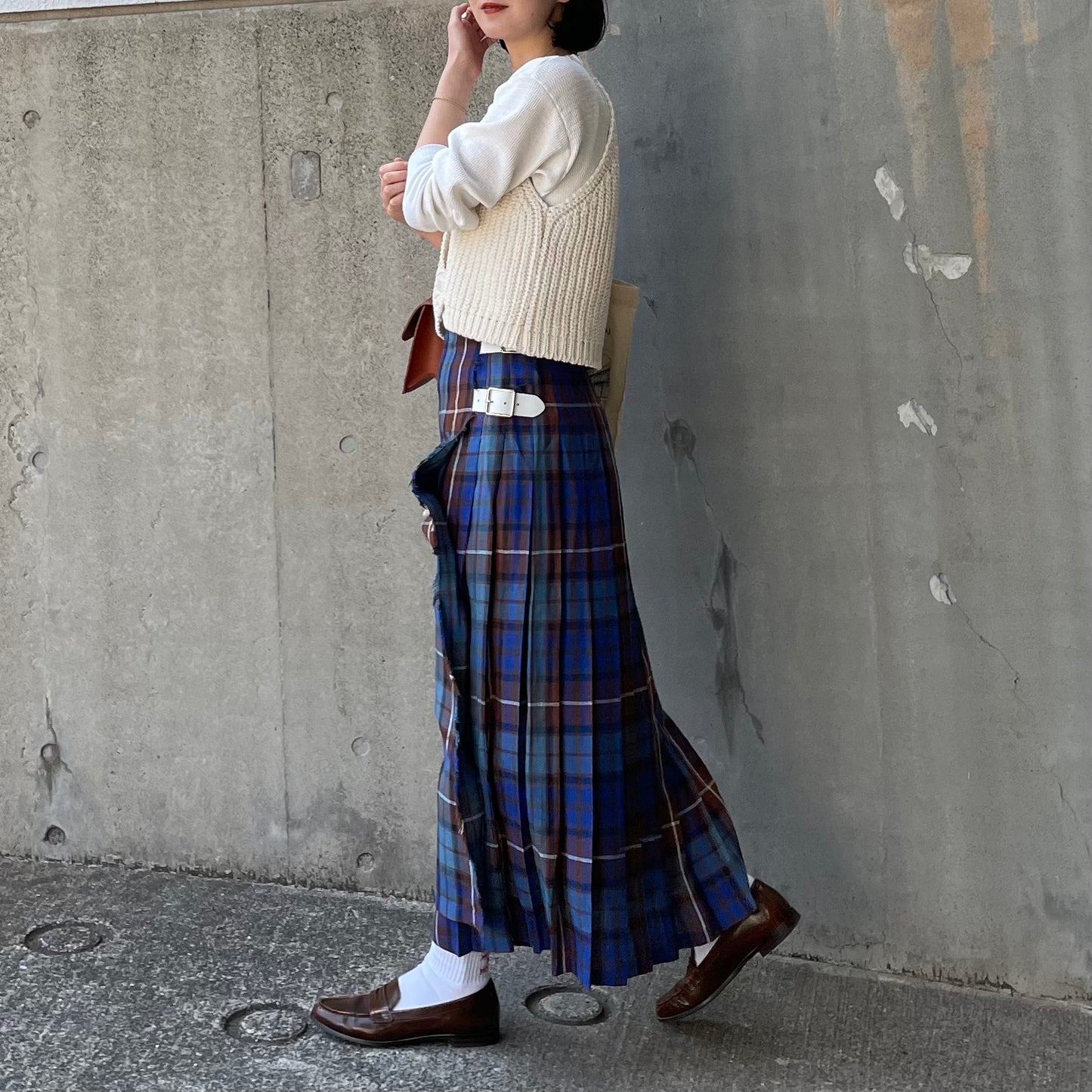 O'neil of Dublin リネンキルトスカートブルーブキャナン ワイドダブルベルト