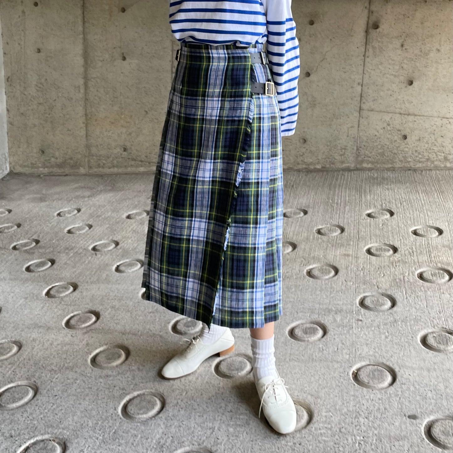 O'neil of Dublin リネンキルトスカート ドレスゴードン ワイドダブルベルト