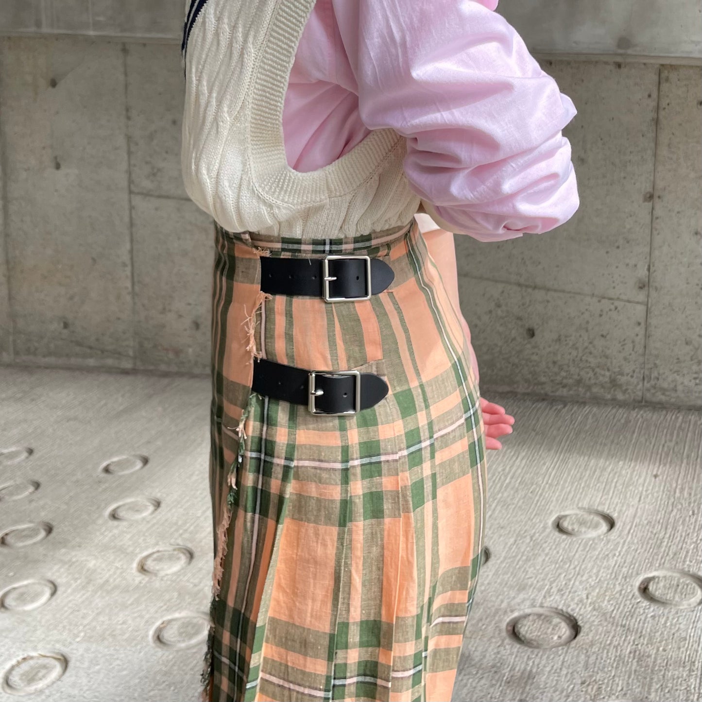 O'neil of Dublin リネンキルトスカート マウンターク ワイドダブルベルト