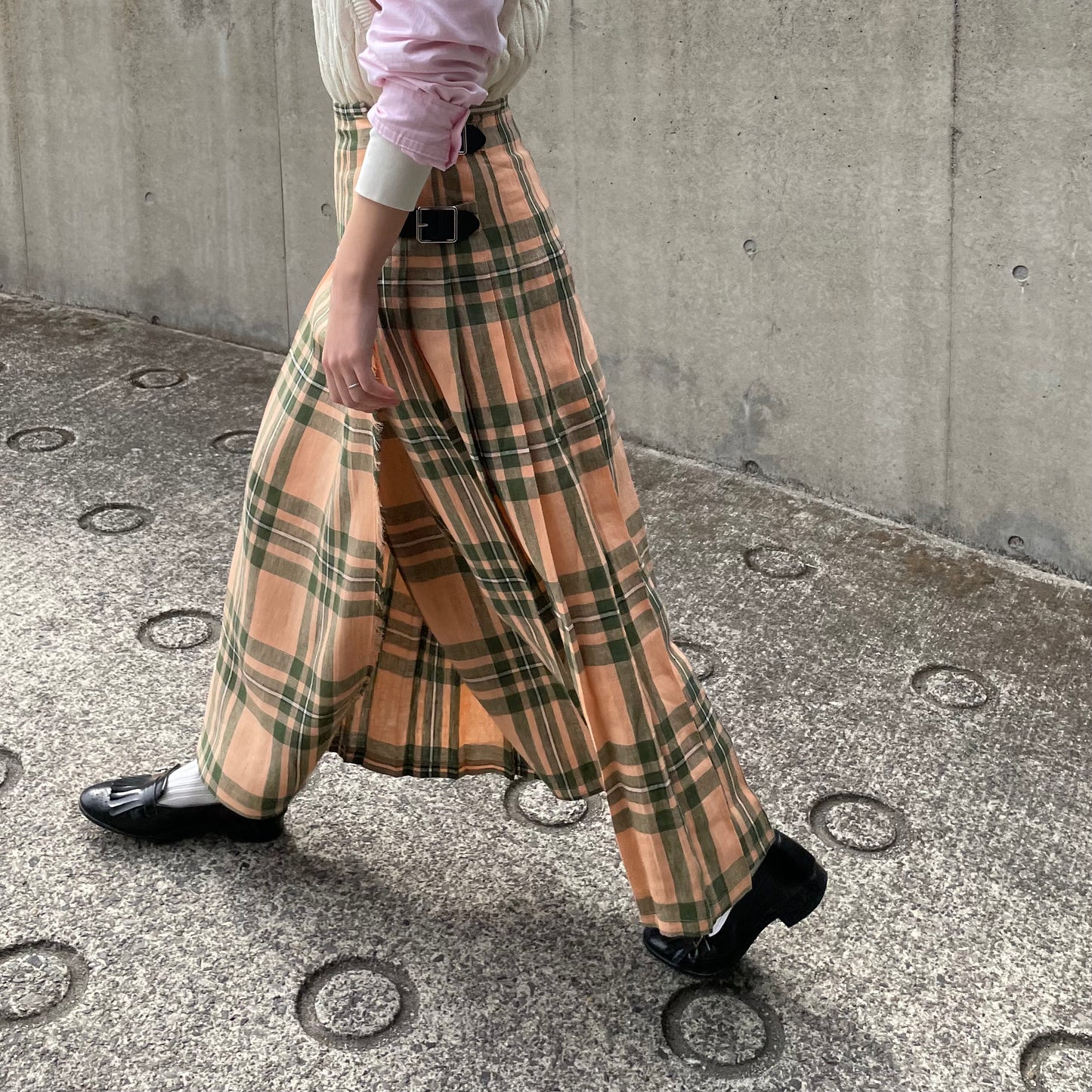 O'neil of Dublin リネンキルトスカート マウンターク ワイドダブルベルト