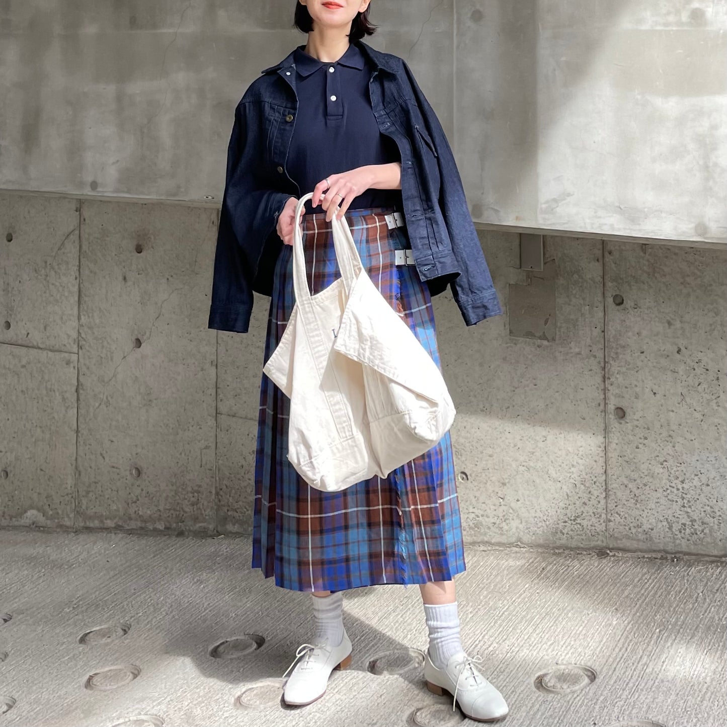 O'neil of Dublin リネンキルトスカートブルーブキャナン ワイドダブルベルト