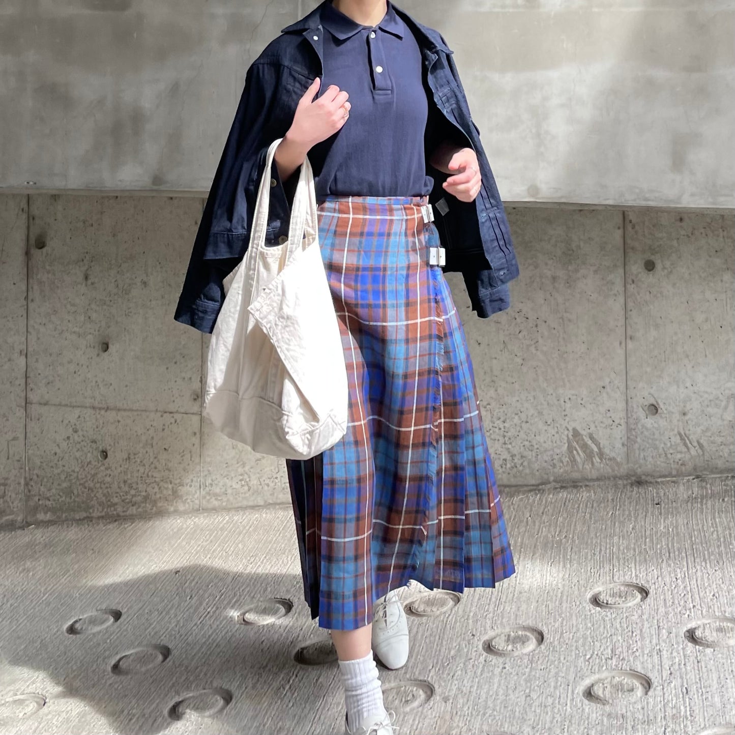 O'neil of Dublin リネンキルトスカートブルーブキャナン ワイドダブルベルト