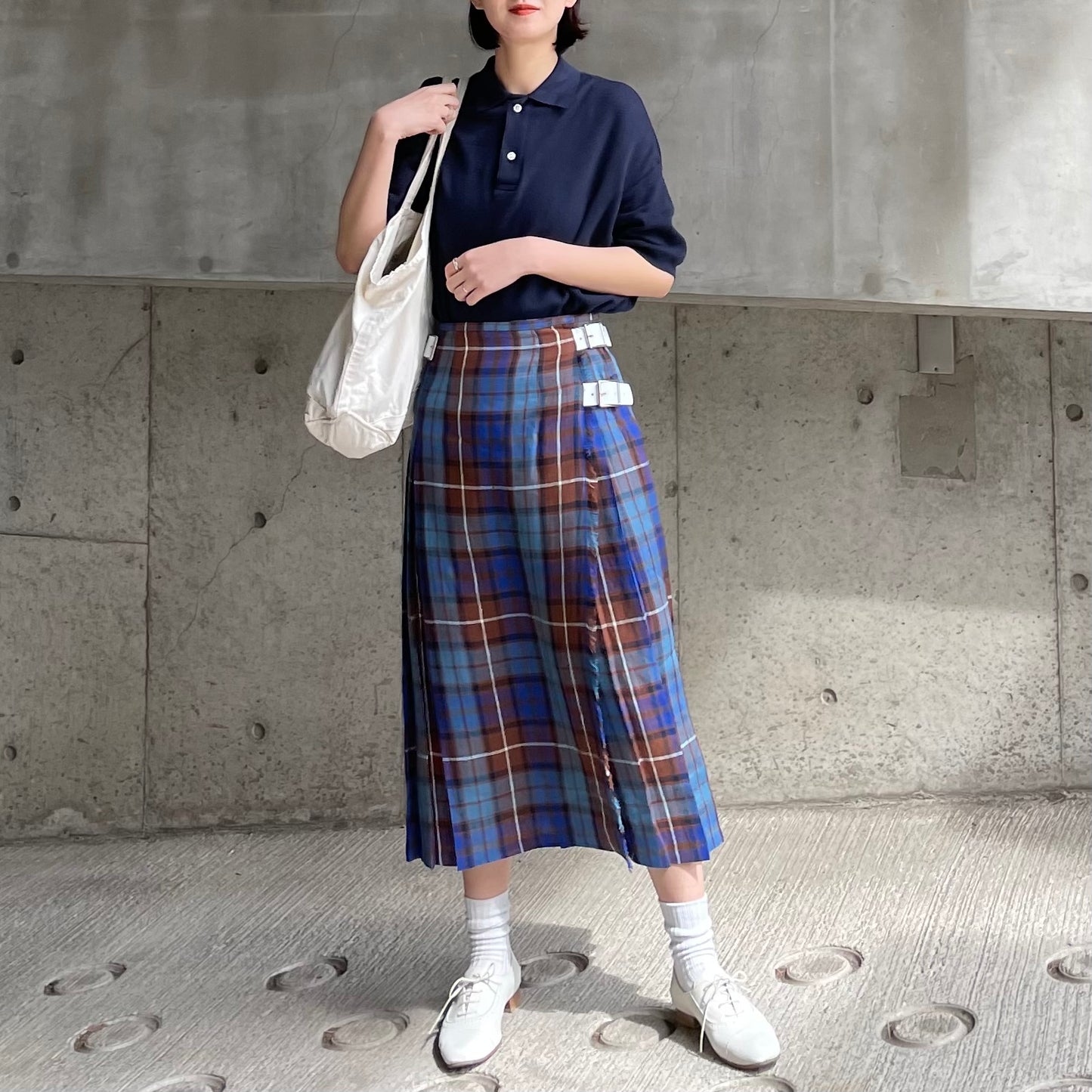O'neil of Dublin リネンキルトスカートブルーブキャナン ワイドダブルベルト