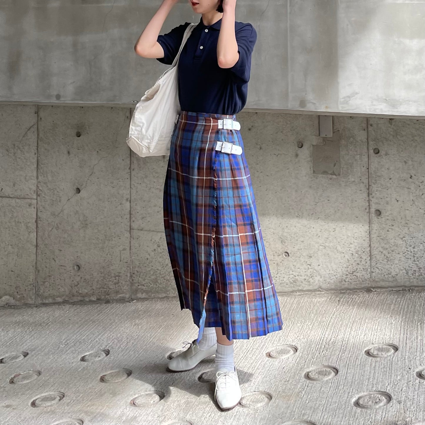 O'neil of Dublin リネンキルトスカートブルーブキャナン ワイドダブルベルト