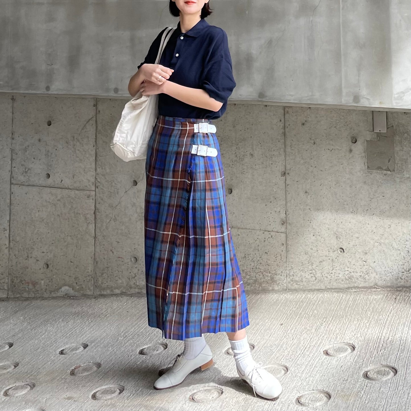 O'neil of Dublin リネンキルトスカートブルーブキャナン ワイドダブルベルト