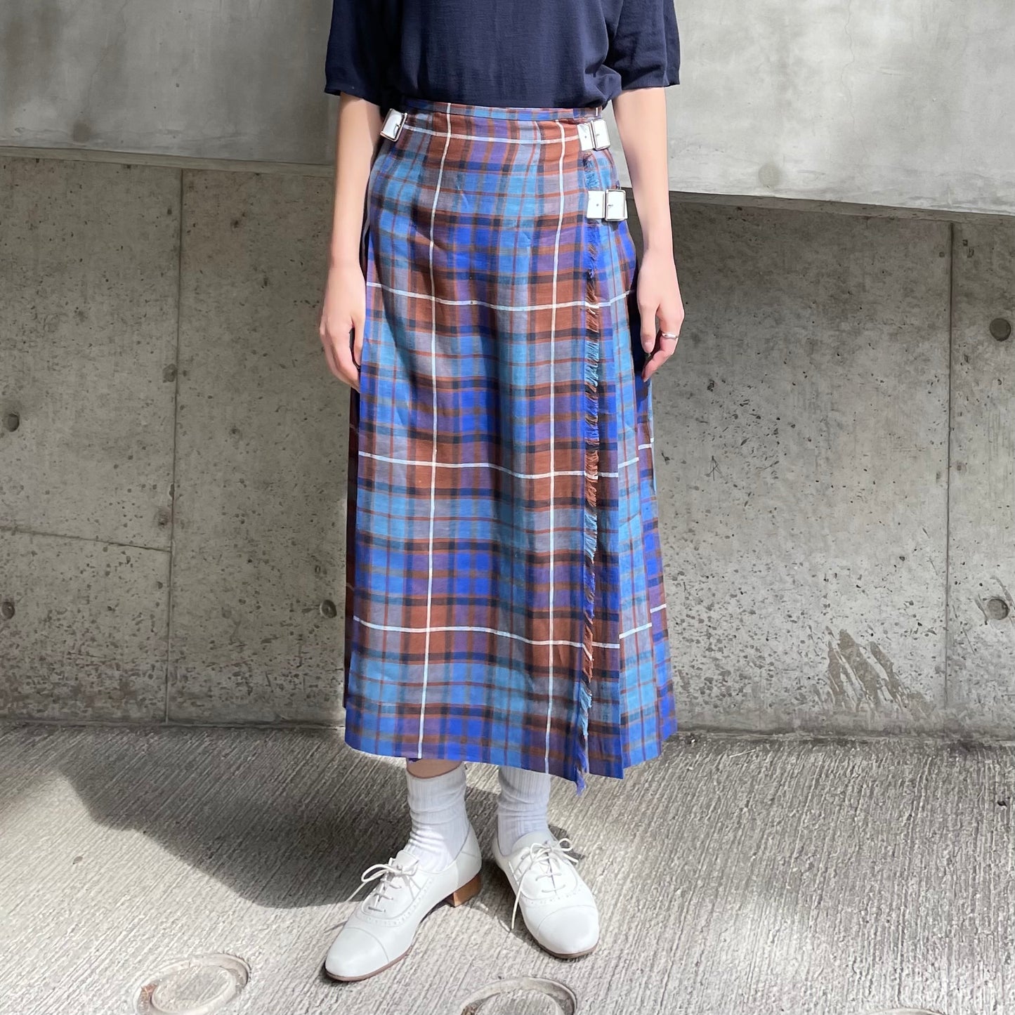 O'neil of Dublin リネンキルトスカートブルーブキャナン ワイドダブルベルト