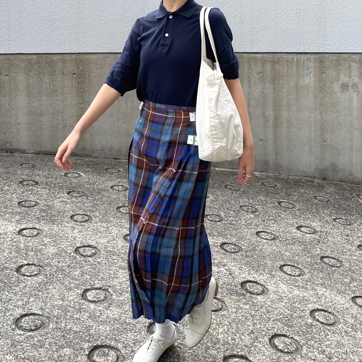 O'neil of Dublin リネンキルトスカートブルーブキャナン ワイドダブルベルト