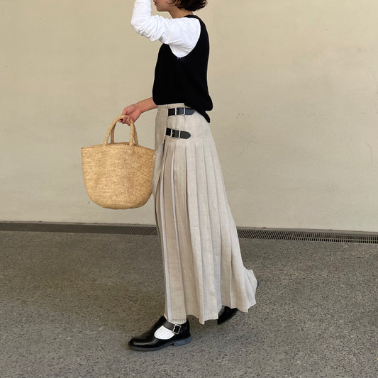 【1週間限定 5％】O'neil of Dublin リネンキルトスカート ストーンベージュ ワイドダブルベルト【5/9(金)まで】