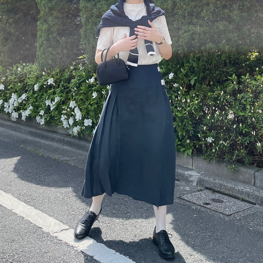 【1週間限定 5％】O'neil of Dublin リネンキルトスカート ネイビー ワイドダブルベルト【5/9(金)まで】
