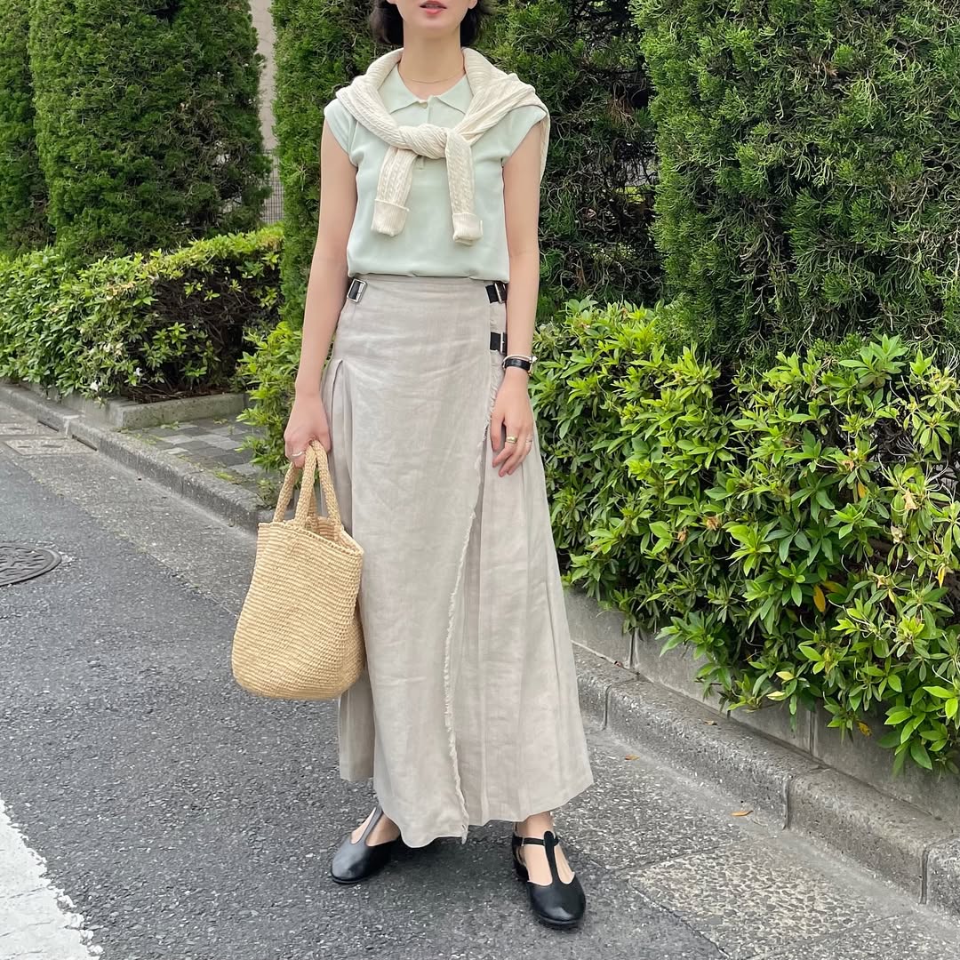 【5/8(金)21時〜販売開始】O'neil of Dublin リネンキルトスカート ストーンベージュ ワイドダブルベルト