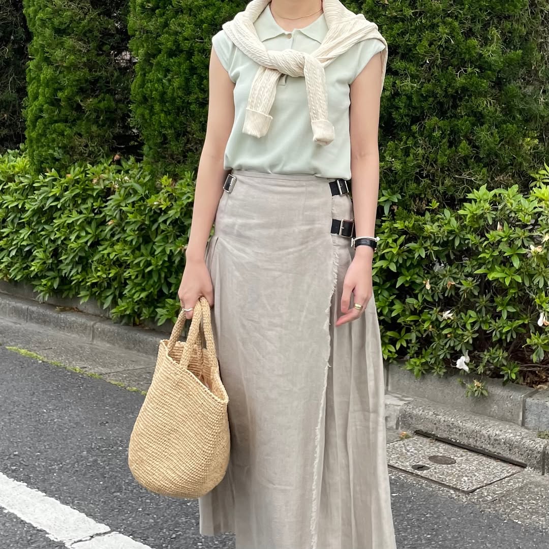【5/8(金)21時〜販売開始】O'neil of Dublin リネンキルトスカート ストーンベージュ ワイドダブルベルト