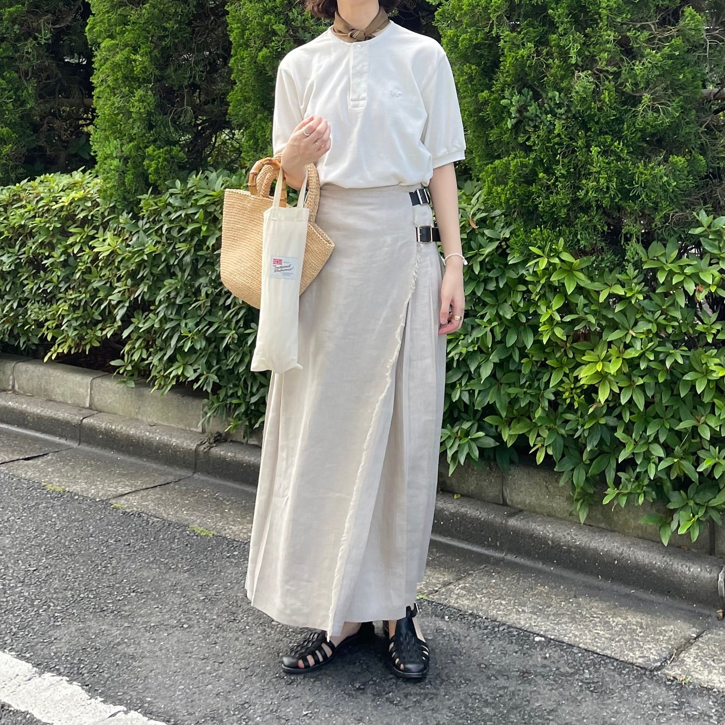 【5/8(金)21時〜販売開始】O'neil of Dublin リネンキルトスカート ストーンベージュ ワイドダブルベルト
