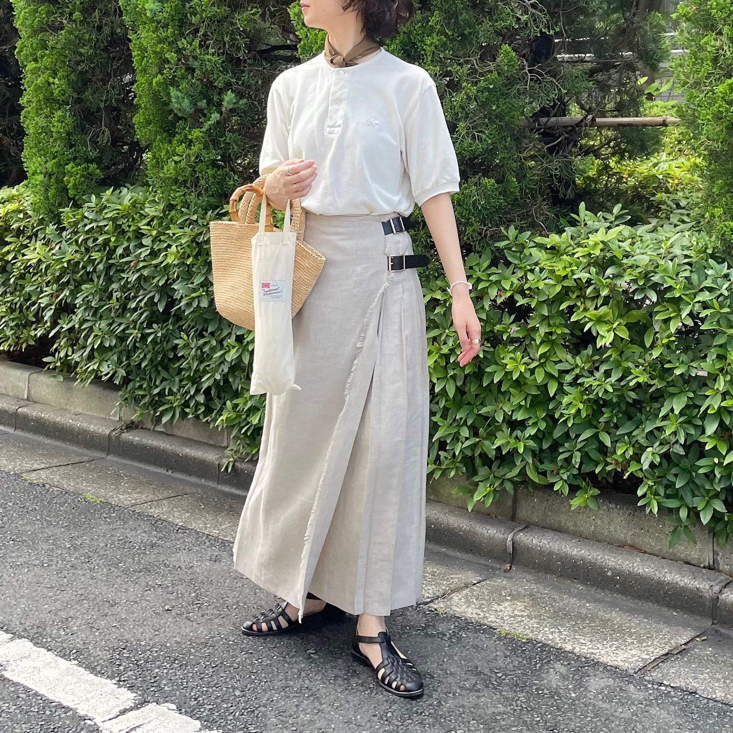 【5/8(金)21時〜販売開始】O'neil of Dublin リネンキルトスカート ストーンベージュ ワイドダブルベルト