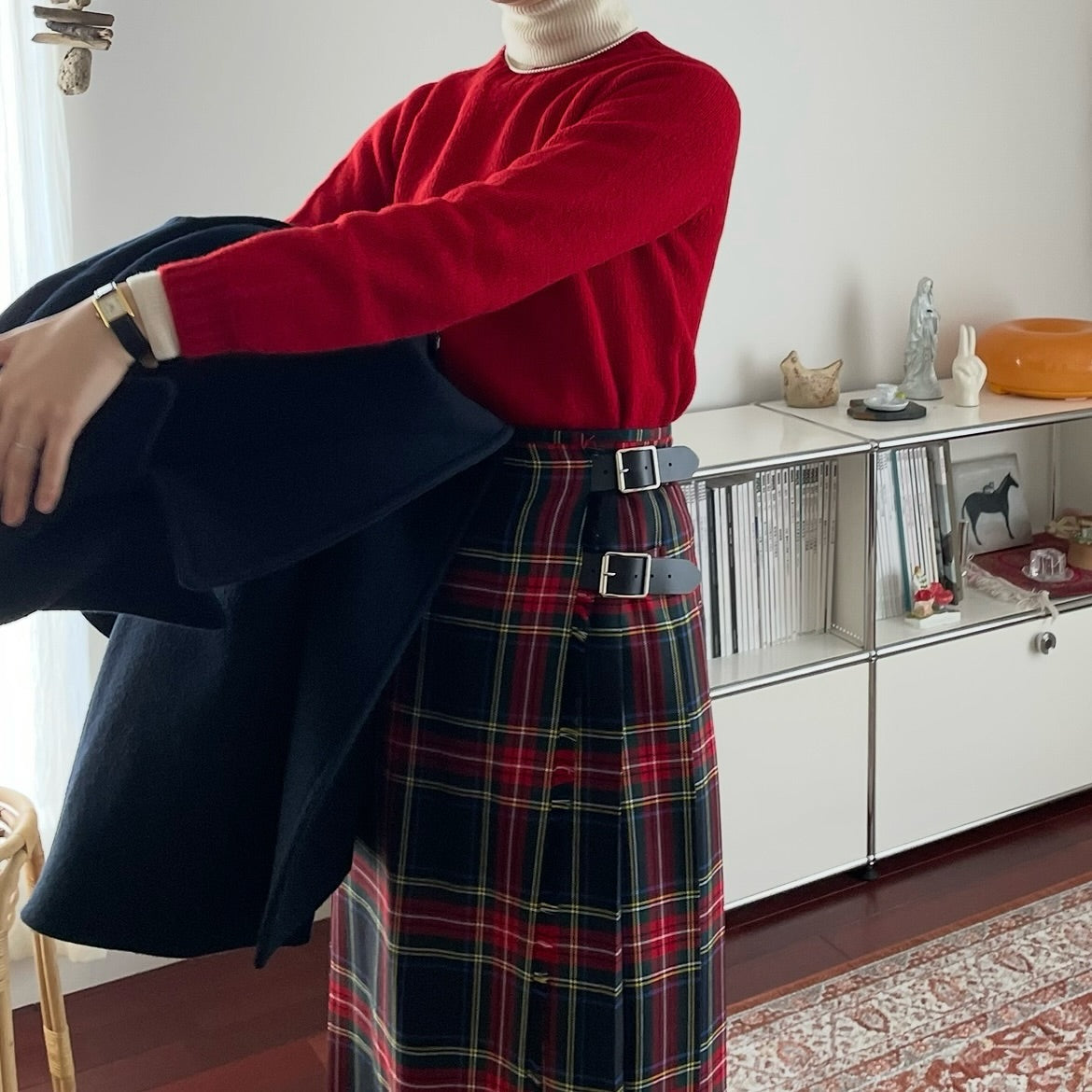O'neil of Dublin キルトスカート ダブルベルト ブラックスチュワート